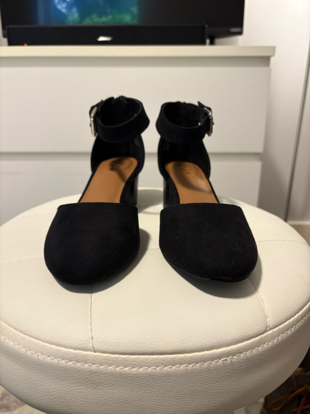 Black Suede Ankle Strap Block Heel - Picture 5 of 6